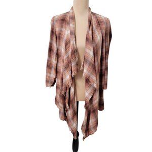 Maurices Size S Peach White Brown Tan Plaid Cascade Front Frayed Kimono